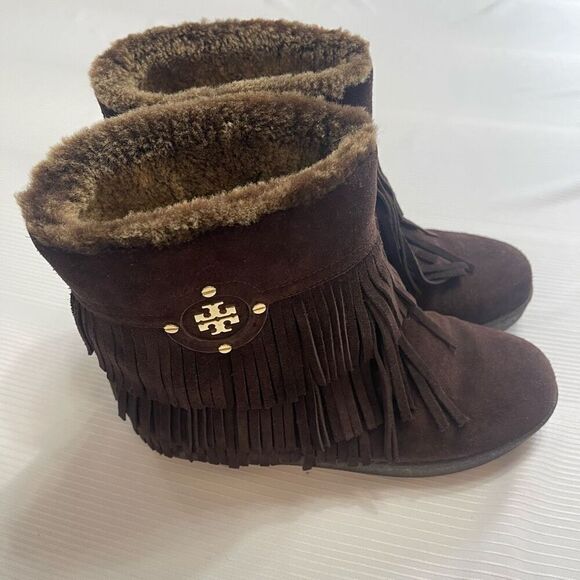 Tory Burch Brown Suede Fur Trim Fringe Boots Size 7 - Picture 1 of 12